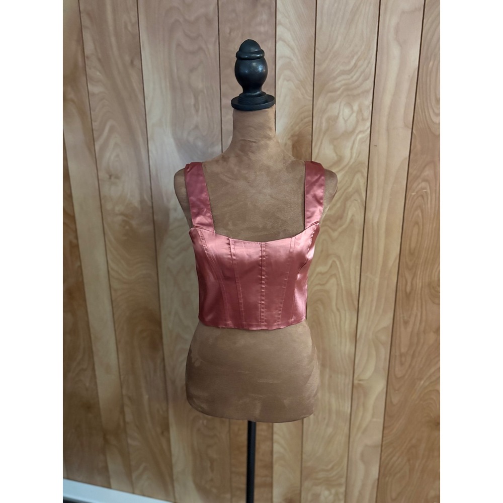 NBD Womens Pink Satin Corset Crop‎ Top Square Neck Boned Bodice Size S
